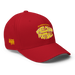 Front right angle of the MAS Kansas City Wheelchair Football Warp Red & Gold Flexfit Curved Bill Fitted against a white background