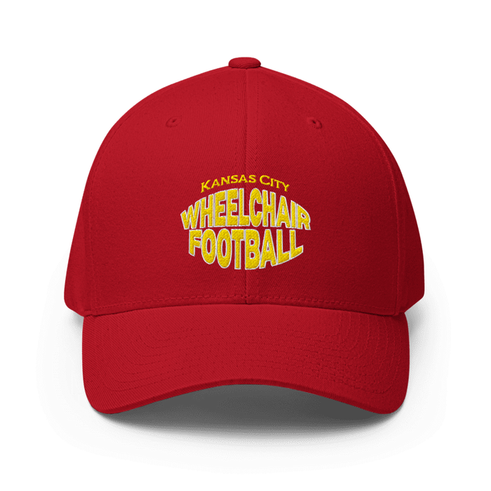 Front angle of the MAS Kansas City Wheelchair Football Warp Red & Gold Flexfit Curved Bill Fitted against a white background