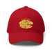 Front angle of the MAS Kansas City Wheelchair Football Warp Red & Gold Flexfit Curved Bill Fitted against a white background