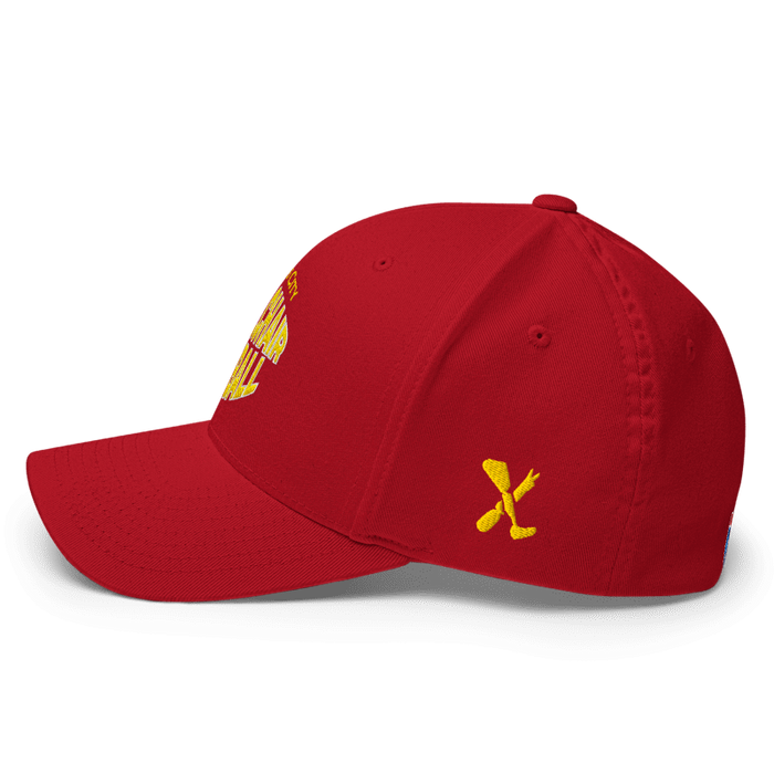 Left side angle of the MAS Kansas City Wheelchair Football Warp Red & Gold Flexfit Curved Bill Fitted against a white background