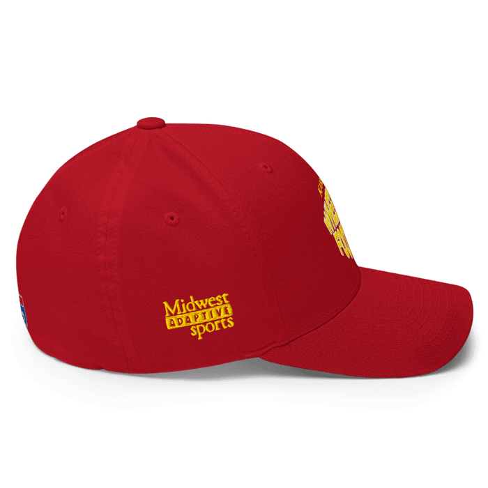 Right side angle of the MAS Kansas City Wheelchair Football Warp Red & Gold Flexfit Curved Bill Fitted against a white background