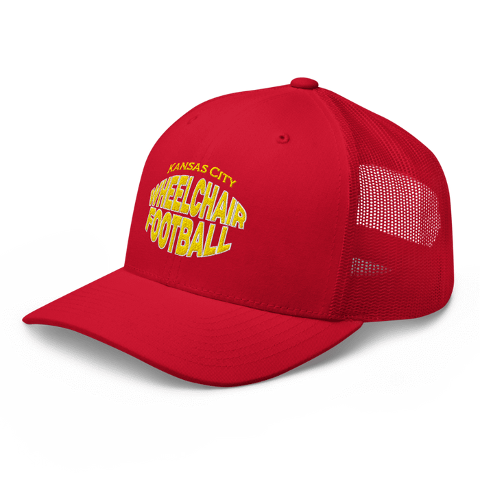 Front left angle of the MAS Kansas City Wheelchair Football Warp Red & Gold Curved Bill Trucker Snapback against a white background