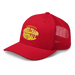 Front left angle of the MAS Kansas City Wheelchair Football Warp Red & Gold Curved Bill Trucker Snapback against a white background