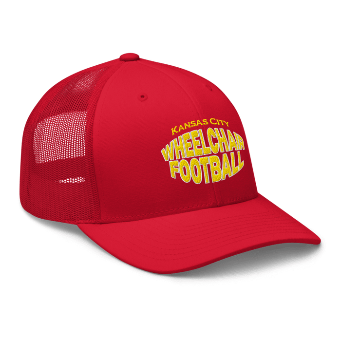 Front right angle of the MAS Kansas City Wheelchair Football Warp Red & Gold Curved Bill Trucker Snapback against a white background