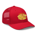 Front right angle of the MAS Kansas City Wheelchair Football Warp Red & Gold Curved Bill Trucker Snapback against a white background