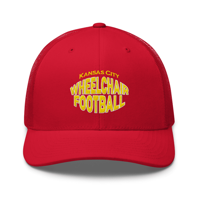 Front angle of the MAS Kansas City Wheelchair Football Warp Red & Gold Curved Bill Trucker Snapback against a white background