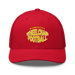 Front angle of the MAS Kansas City Wheelchair Football Warp Red & Gold Curved Bill Trucker Snapback against a white background