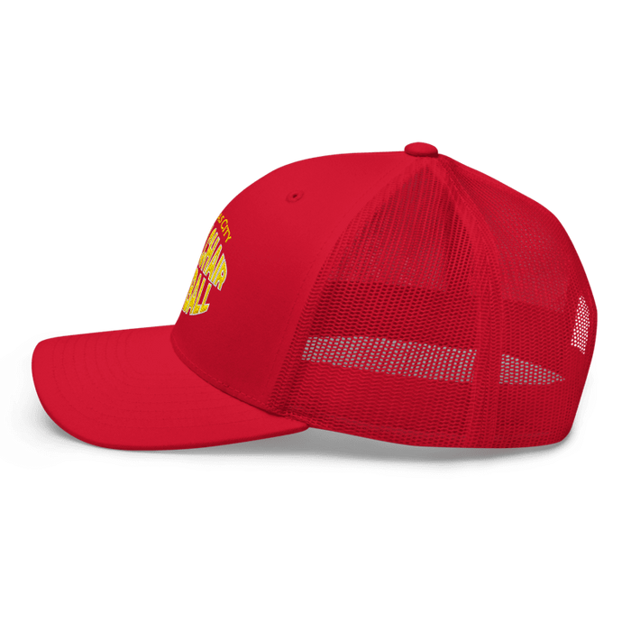 Left side angle of the MAS Kansas City Wheelchair Football Warp Red & Gold Curved Bill Trucker Snapback against a white background