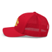 Left side angle of the MAS Kansas City Wheelchair Football Warp Red & Gold Curved Bill Trucker Snapback against a white background