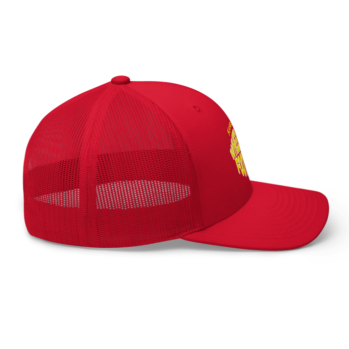 Right side angle of the MAS Kansas City Wheelchair Football Warp Red & Gold Curved Bill Trucker Snapback against a white background