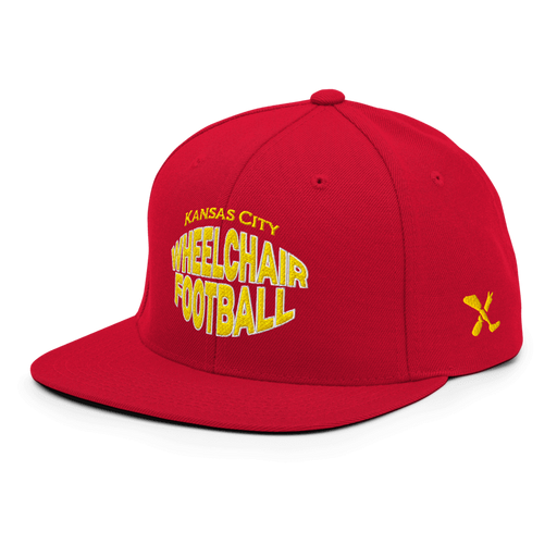 Front left angle of the MAS Kansas City Wheelchair Football Warp Red & Gold Flat Bill Snapback against a white background