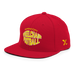 Front left angle of the MAS Kansas City Wheelchair Football Warp Red & Gold Flat Bill Snapback against a white background