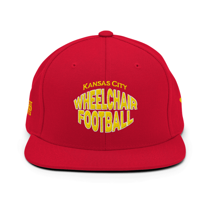 Front angle of the MAS Kansas City Wheelchair Football Warp Red & Gold Flat Bill Snapback against a white background