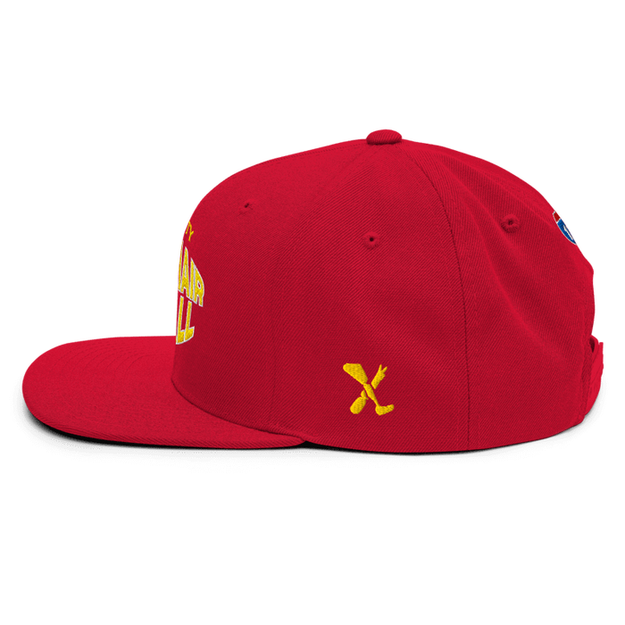 Left side angle of the MAS Kansas City Wheelchair Football Warp Red & Gold Flat Bill Snapback against a white background