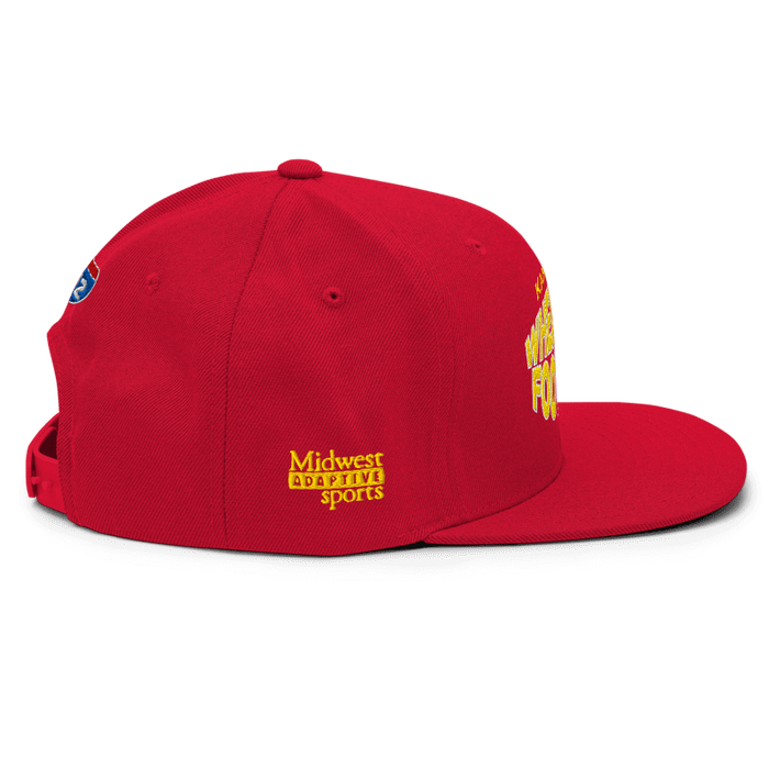 Right side angle of the MAS Kansas City Wheelchair Football Warp Red & Gold Flat Bill Snapback against a white background