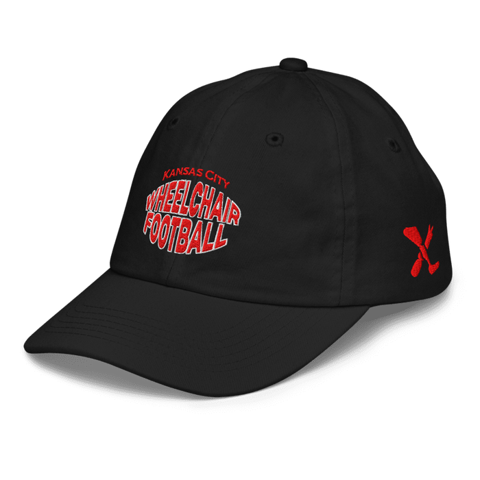 Front left angle of the MAS Kansas City Wheelchair Football Warp Youth Black & Red Dad Hat against a white background