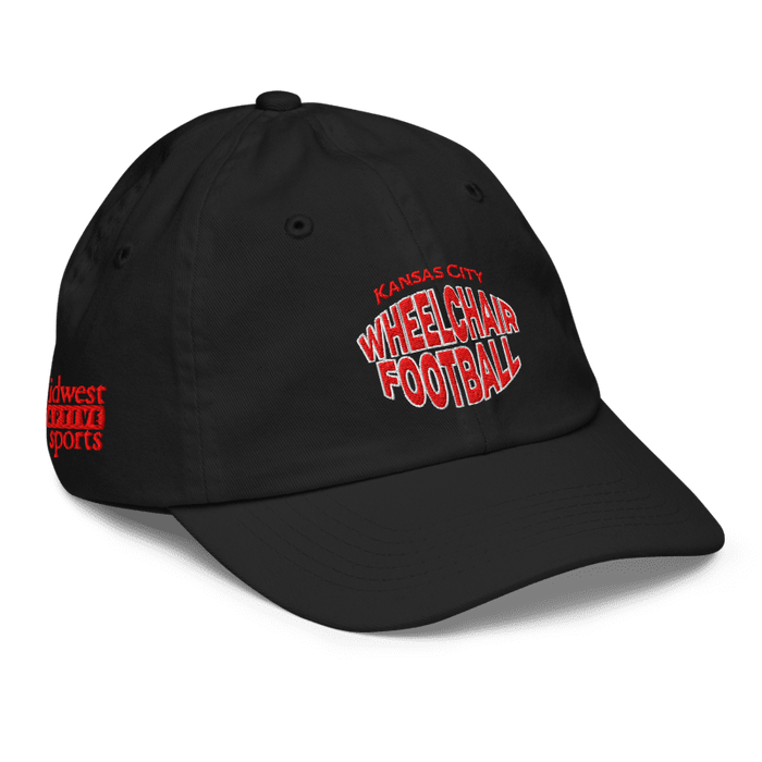 Front right angle of the MAS Kansas City Wheelchair Football Warp Youth Black & Red Dad Hat against a white background