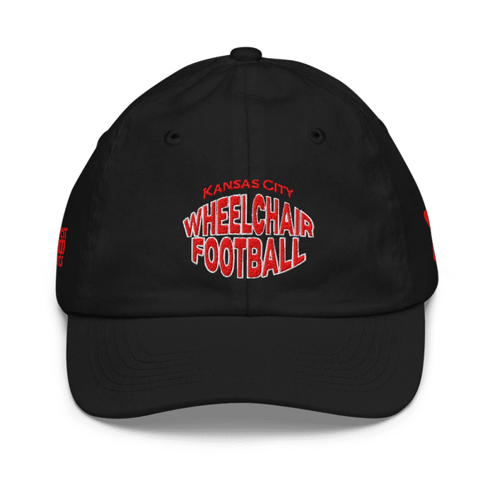 Front angle of the MAS Kansas City Wheelchair Football Warp Youth Black & Red Dad Hat against a white background