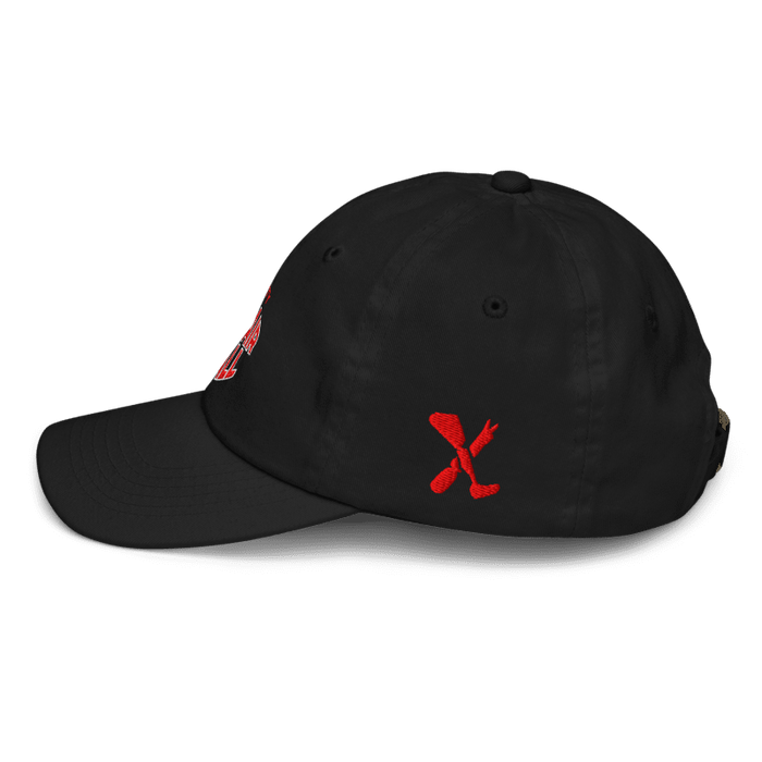 Left side angle of the MAS Kansas City Wheelchair Football Warp Youth Black & Red Dad Hat against a white background