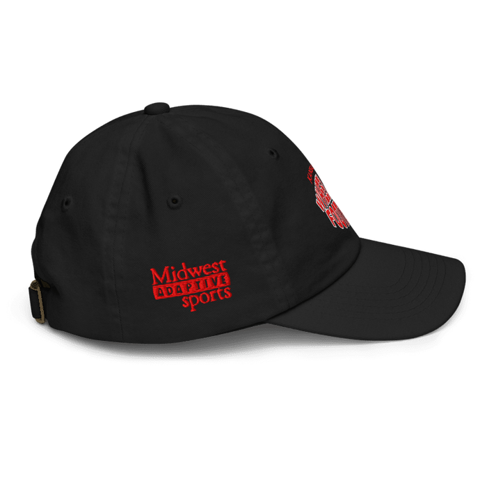 Right side angle of the MAS Kansas City Wheelchair Football Warp Youth Black & Red Dad Hat against a white background