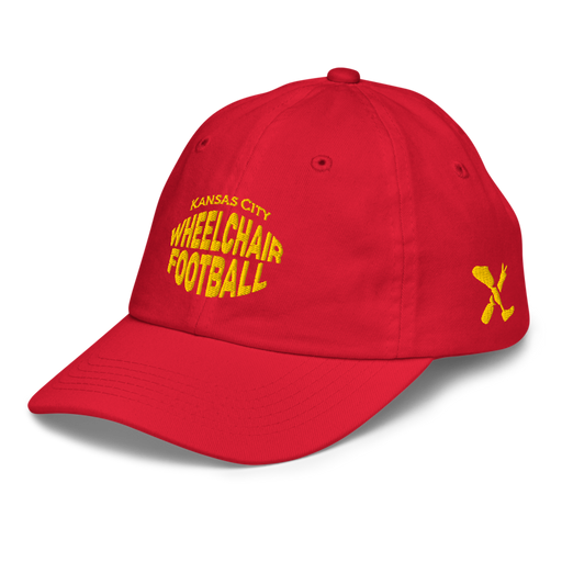Front left angle of the MAS Kansas City Wheelchair Football Warp Youth Red & Gold Dad Hat against a white background