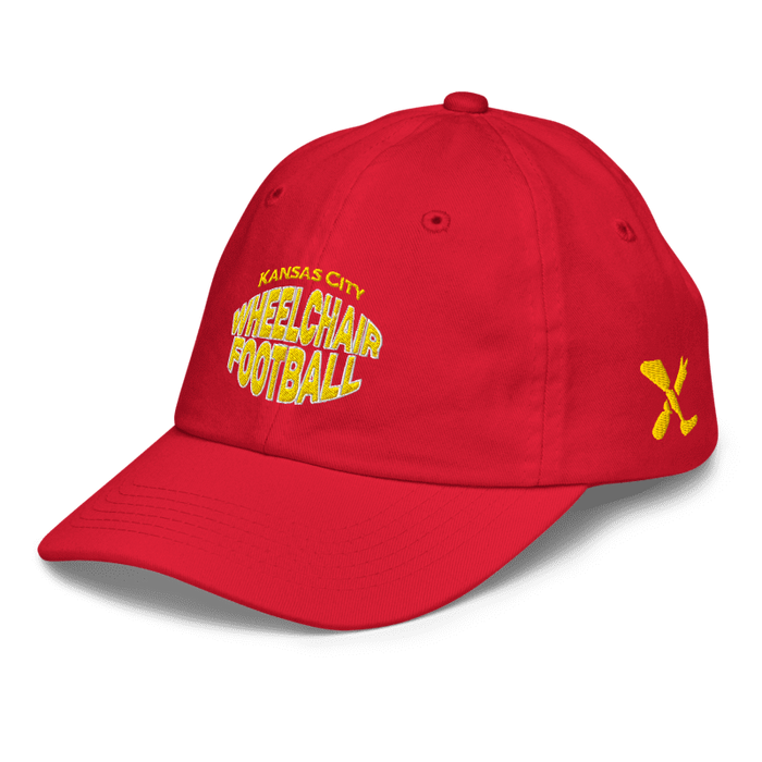 Front left angle of the MAS Kansas City Wheelchair Football Warp Youth Red & Gold Dad Hat against a white background