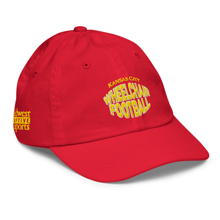 Front right angle of the MAS Kansas City Wheelchair Football Warp Youth Red & Gold Dad Hat against a white background