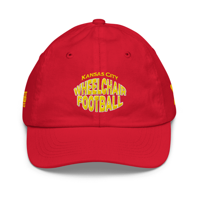 Front angle of the MAS Kansas City Wheelchair Football Warp Youth Red & Gold Dad Hat against a white background