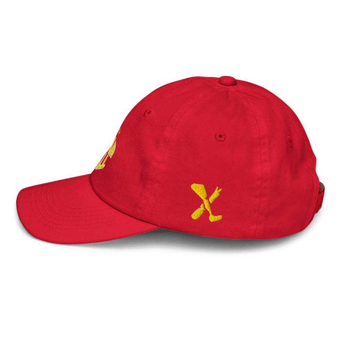 Left side angle of the MAS Kansas City Wheelchair Football Warp Youth Red & Gold Dad Hat against a white background