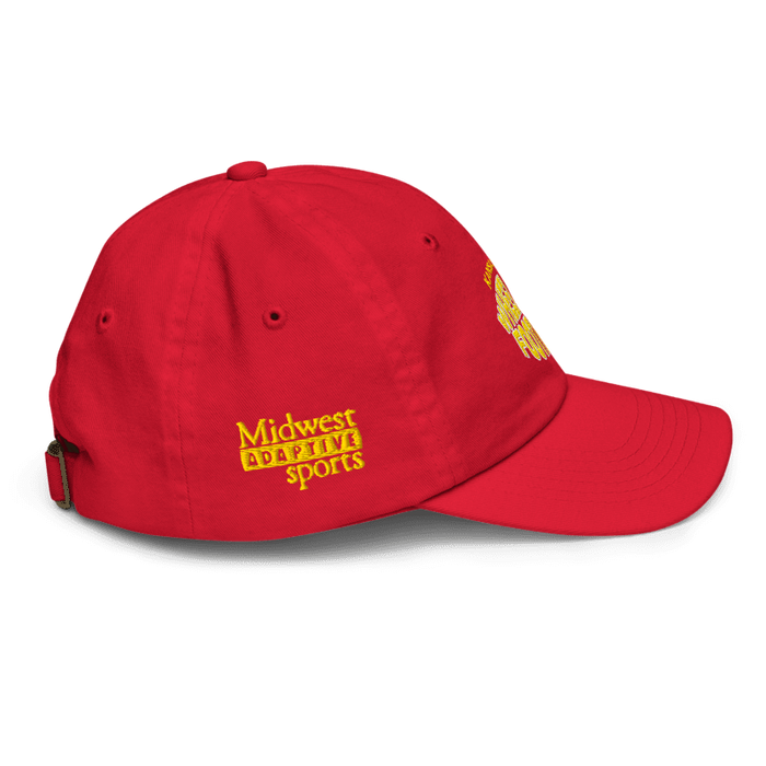 Right side angle of the MAS Kansas City Wheelchair Football Warp Youth Red & Gold Dad Hat against a white background