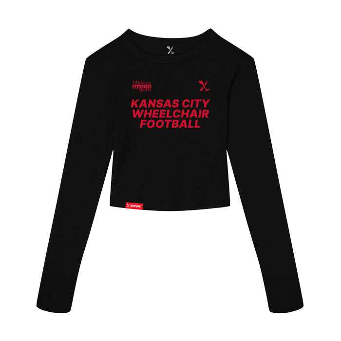 MAS Kansas City Wheelchair Football Women's Black & Red Crop Long Sleeve T-Shirt on a white background