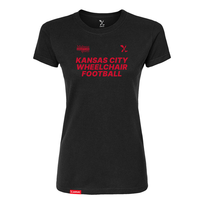 MAS Kansas City Wheelchair Football Women's Black & Red Slim T-Shirt on a white background