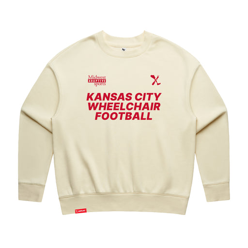 MAS Kansas City Wheelchair Football Women's Butter & Red Modern Crewneck Sweatshirt on a white background
