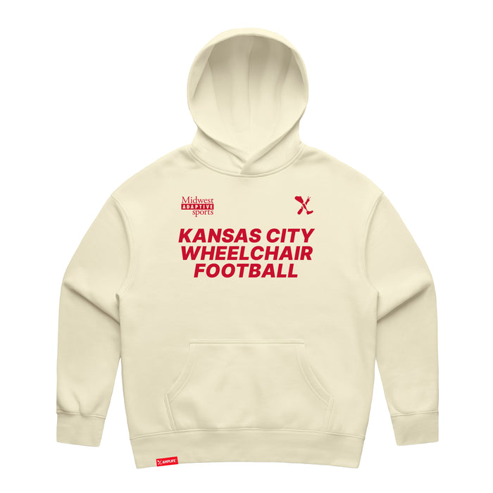 MAS Kansas City Wheelchair Football Women's Butter & Red Modern Hoodie on a white background