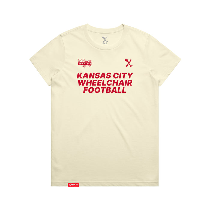 MAS Kansas City Wheelchair Football Women's Butter & Red T-Shirt on a white background