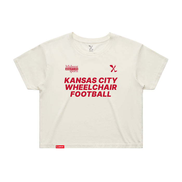 MAS Kansas City Wheelchair Football Women's Ecru & Red Crop T-Shirt on a white background
