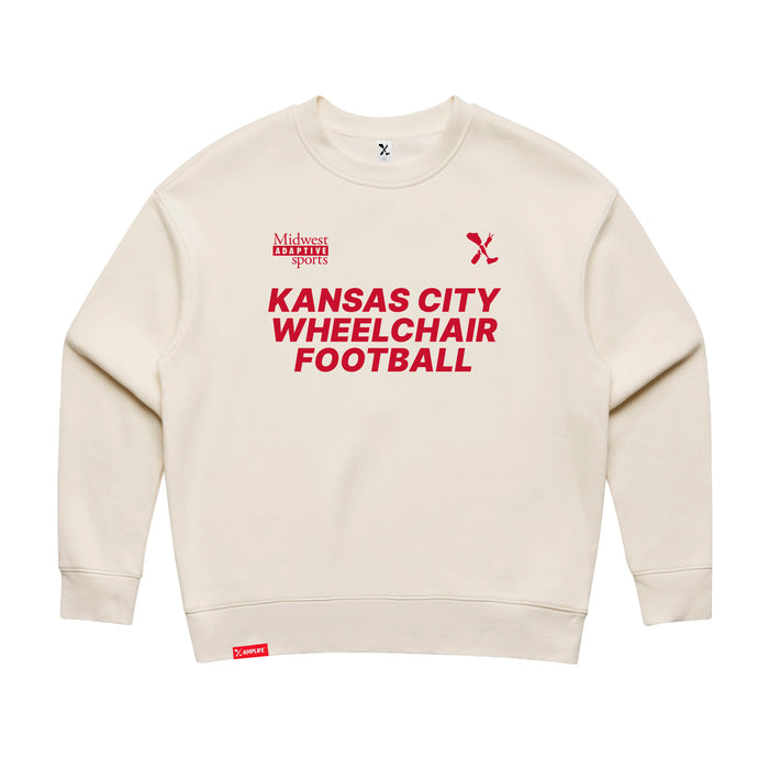 MAS Kansas City Wheelchair Football Women's Ecru & Red Modern Crewneck Sweatshirt on a white background