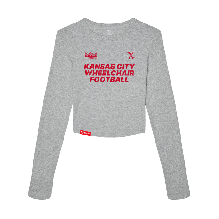 MAS Kansas City Wheelchair Football Women's Heather Grey & Red Crop Long Sleeve T-Shirt on a white background