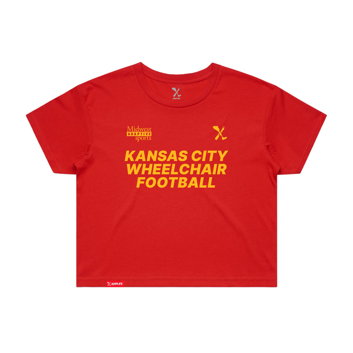MAS Kansas City Wheelchair Football Women's Red & Gold Crop T-Shirt on a white background