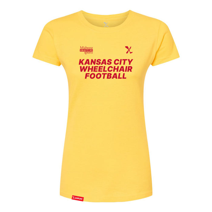 MAS Kansas City Wheelchair Football Women's Yellow & Red Slim T-Shirt on a white background