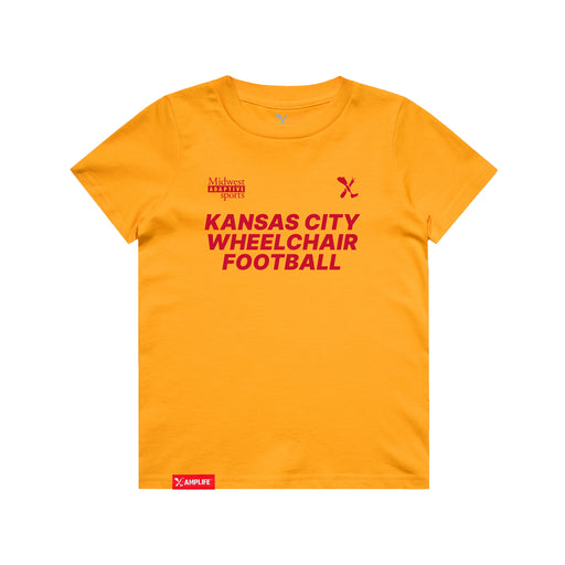 MAS Kansas City Wheelchair Football Youth Gold & Red T-Shirt on a white background