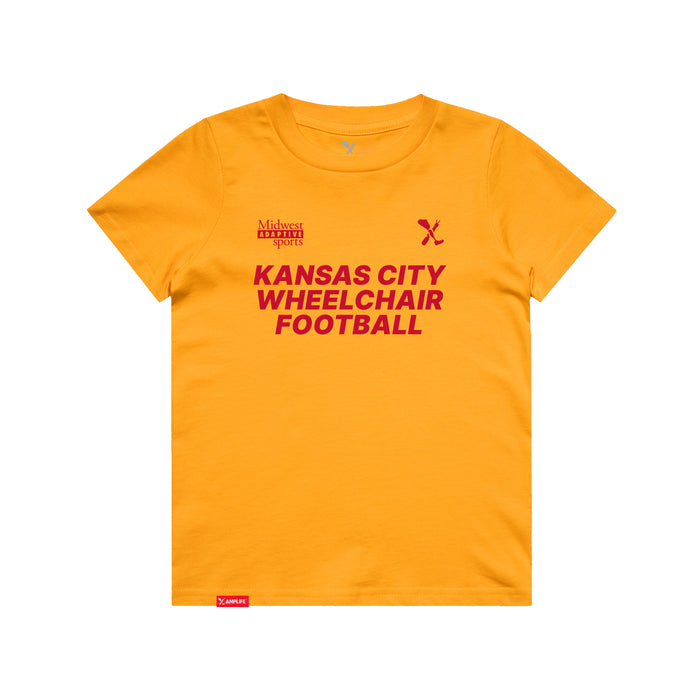 MAS Kansas City Wheelchair Football Youth Gold & Red T-Shirt on a white background