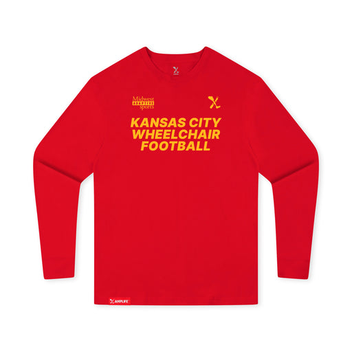 MAS Kansas City Wheelchair Football Youth Red & Gold Long Sleeve T-Shirt on a white background