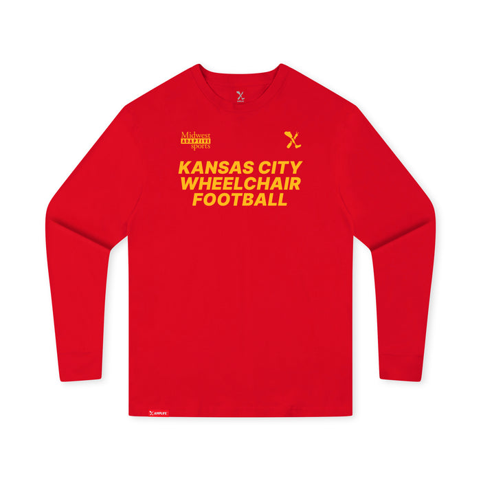 MAS Kansas City Wheelchair Football Youth Red & Gold Long Sleeve T-Shirt on a white background