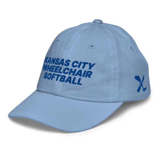 Front left angle of the MAS Kansas City Wheelchair Softball Baby Blue Youth Dad Hat against a white background