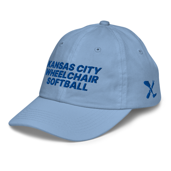 Front left angle of the MAS Kansas City Wheelchair Softball Baby Blue Youth Dad Hat against a white background