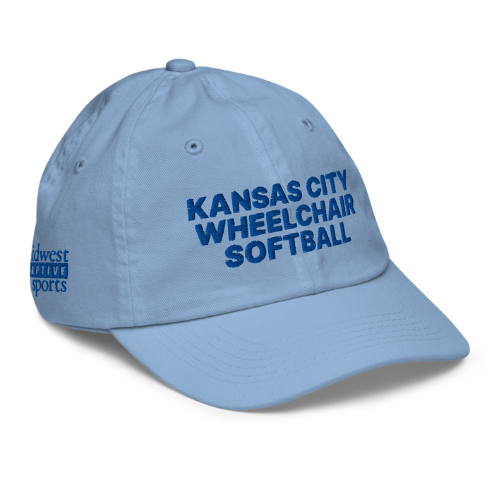 Front right angle of the MAS Kansas City Wheelchair Softball Baby Blue Youth Dad Hat against a white background