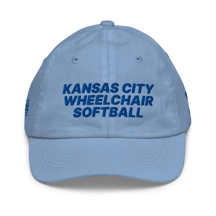 Front angle of the MAS Kansas City Wheelchair Softball Baby Blue Youth Dad Hat against a white background