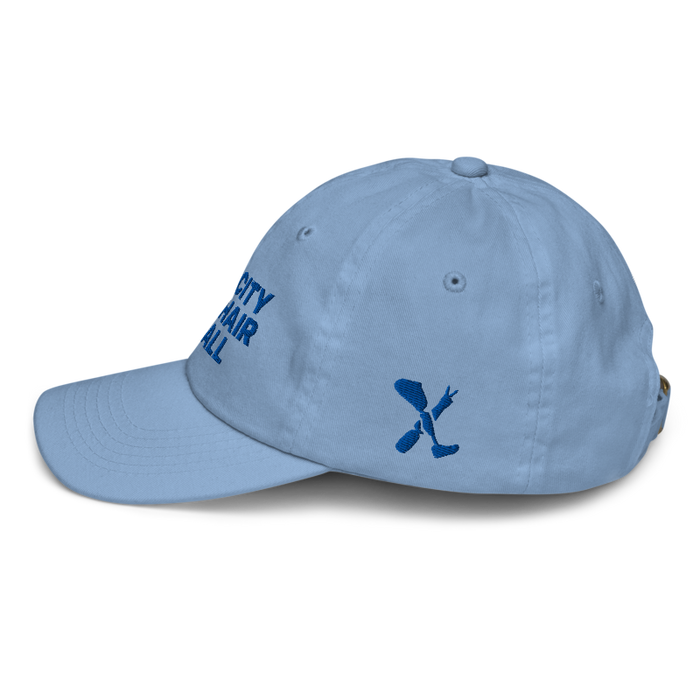 Left angle of the MAS Kansas City Wheelchair Softball Baby Blue Youth Dad Hat against a white background