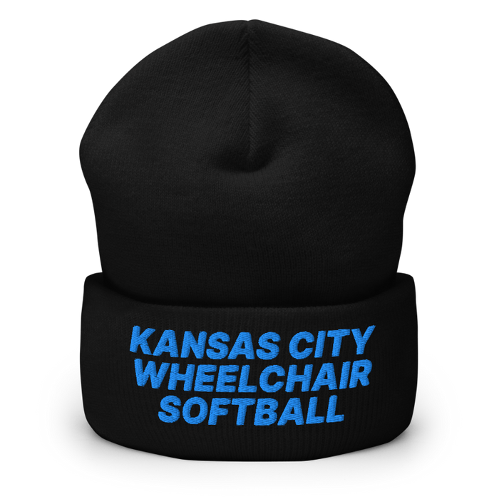 Front angle of the MAS Kansas City Wheelchair Softball Black Beanie against a white background